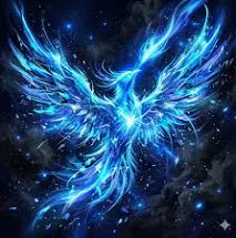 A powerful blue phoenix with glowing wings against a mystical dark sky